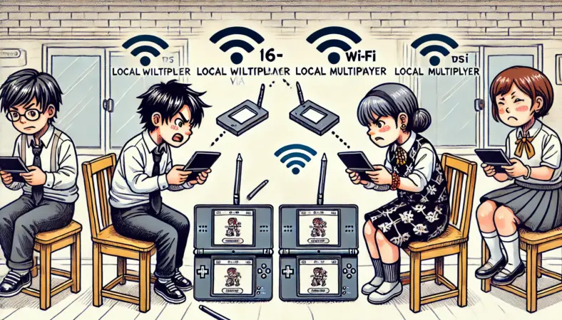 DSエミュレータを用いたAndroidスマホ2台によるローカルマルチプレイを試みているが、通信に失敗して困惑している日本人ユーザー2人の様子が描かれています。Wi-Fi切断アイコンや、スマホ上のDS画面、操作に使われるスタイラスやスタンドも描写されています。
