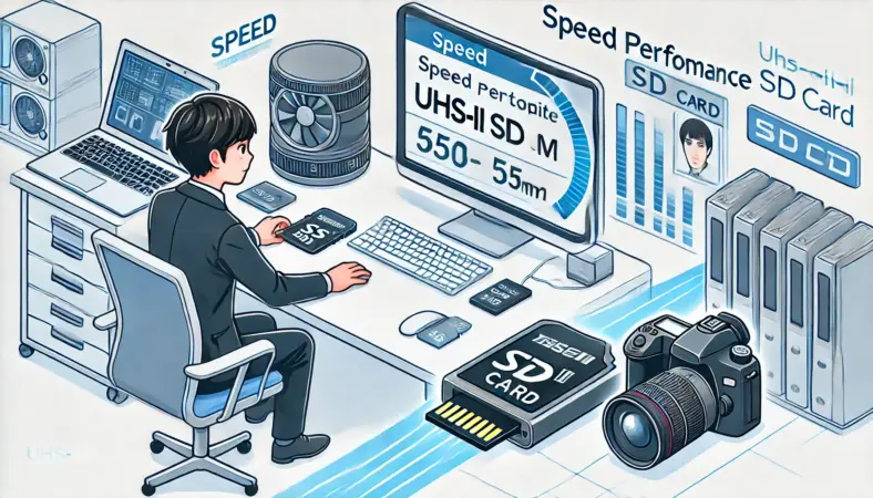 モダンなデスク環境で、UHS-II対応の高速SDカードリーダーをPCに接続し、性能を確認している日本人。周囲には一眼レフカメラやUHS-II SDカード、外部ストレージが並び、プロ用途を意識した構成が描かれているイラスト。