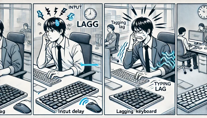 無線キーボードの遅延により作業効率が落ち、ストレスを感じている日本人オフィスワーカーと、安定した有線キーボードで快適に作業する様子を対比したイラスト。現代的なオフィスでの生産性の違いが描かれている。