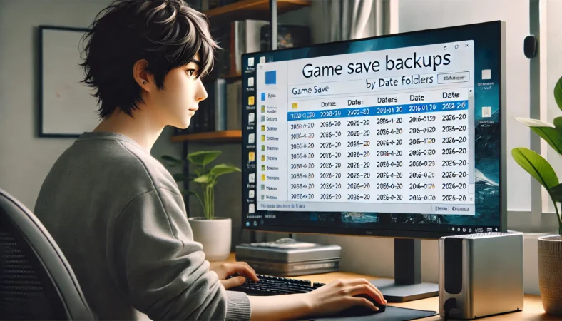 外付けドライブ内でゲームのセーブデータを日付別フォルダに整理している日本人ユーザー。パソコン画面には「2026-01-20」「2026-01-23」などのフォルダが並び、丁寧なバックアップ作業の様子がうかがえる。