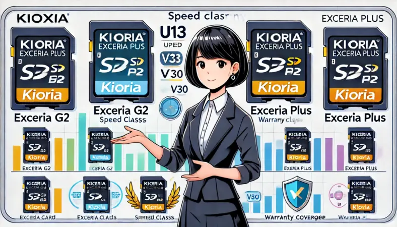 日本人女性がEXCERIA・G2・PLUSのSDカードを比較しながら、速度クラス（U1、U3、V30）や保証内容の違いを説明しているイラスト。背景にはパフォーマンスチャートと保証のアイコンが描かれている。