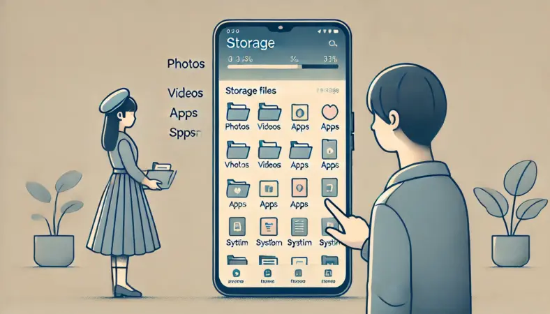 日本人ユーザーがAndroidスマートフォンのストレージ使用状況を確認し、写真や動画、アプリなどのファイルを選択して削除または移動し、容量を確保している様子。快適な操作環境を保つための整理された作業風景。
