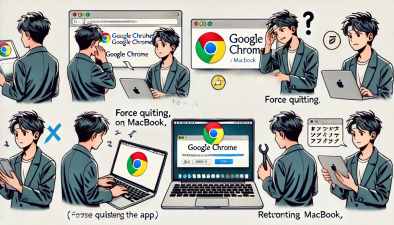 MacBookでGoogle Chromeが起動しないトラブルに対処中の日本人ユーザー。アプリの強制終了や再起動、ターミナルを使った操作などを試しながら、真剣な表情で作業を進めている様子。