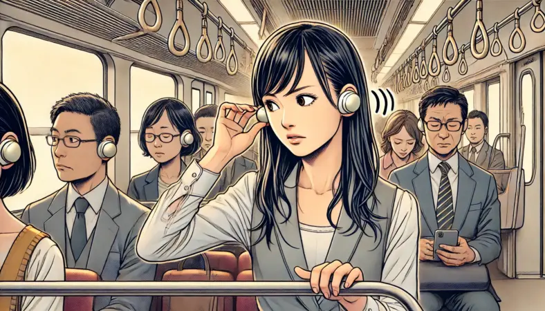 混雑した電車内でイヤーカフ型イヤホンの音漏れを気にして耳元を調整する日本人女性のイラスト。周囲には乗客がいて、静かな環境での使用に気を配っている様子が表現されている。
