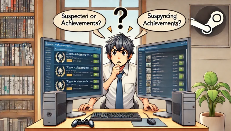 Steamの実績一覧を切り替えながら、解除されたのに表示されない理由を調べている日本人男性。同期や非表示の可能性を疑っている様子。