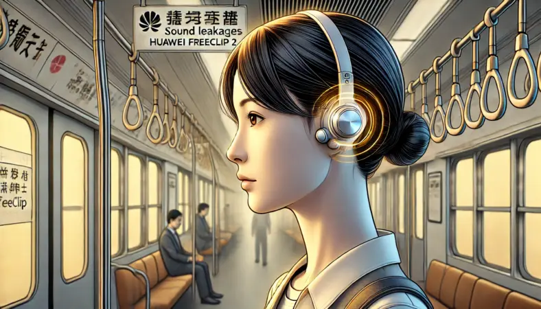 静かな図書館でFreeClip風イヤーカフイヤホンを装着し、落ち着いた表情で音楽を楽しむ日本人の人物を描いたイラスト。耳周辺には音漏れ防止をイメージした光のエフェクトが施され、周囲の静けさを尊重する雰囲気が伝わる。