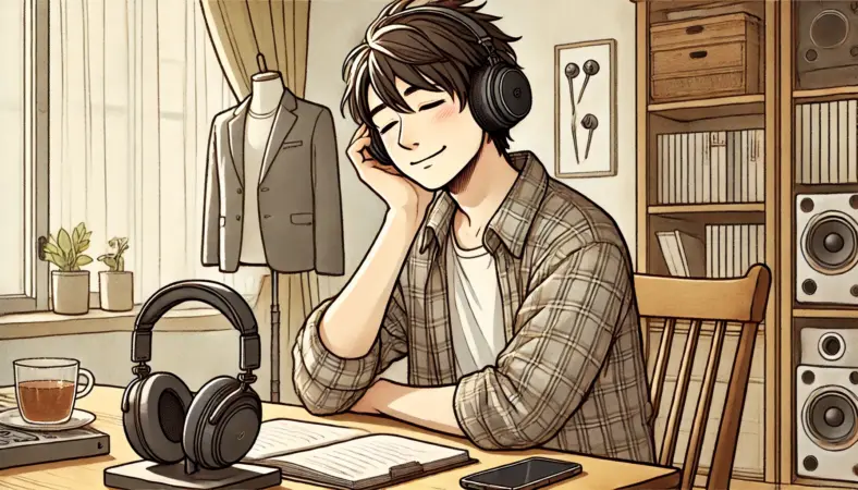 イヤーカフ型イヤホンで音楽を聴きながら机でリラックスして作業する日本人男性のイラスト。デスクには高音質なオーバーイヤーヘッドホンも置かれ、シーンごとに使い分けている様子が描かれている。
