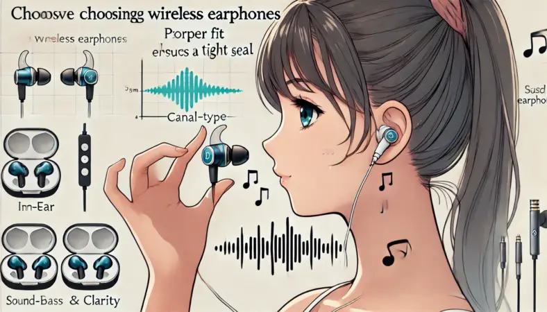 日本人女性がカナル型ワイヤレスイヤホンを耳にしっかり装着し、密閉性を確保しているイラスト。低音と明瞭度が向上する仕組みが図解されている。