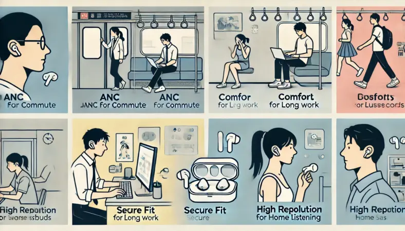 日本人の男女4人が通勤、デスクワーク、運動、自宅でそれぞれ用途に適したワイヤレスイヤホンを使用しているイラスト。通勤にはANC対応、作業には快適性重視、運動にはフィット感、自宅では高解像度モデルを使用し、各シーンに最適な音質体験を表現している。
