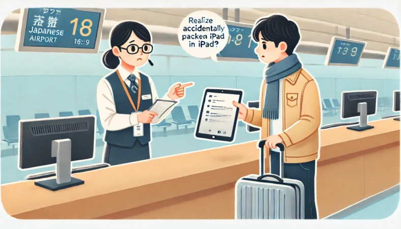 空港のチェックインカウンターで、iPadを預け荷物に入れてしまったことに気づき、係員に説明している日本人旅行者のイラスト。落ち着いた空港の雰囲気の中で、スタッフが真剣に対応している様子が描かれている。