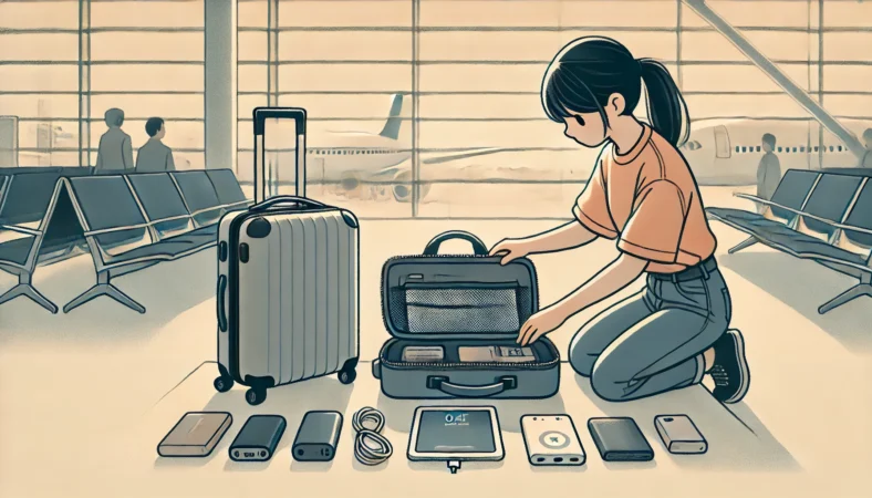 空港の搭乗前に、iPadやモバイルバッテリー、充電器を整理しながらキャリーバッグに詰める日本人旅行者のイラスト。iPadの電源を切ってからスリーブに収納する様子が丁寧に描かれている。