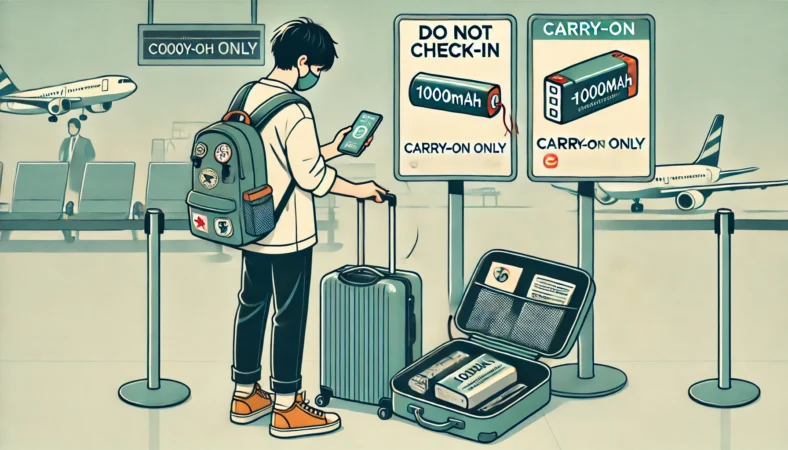 国際線フライトのため、モバイルバッテリーや予備リチウム電池を機内持ち込みバッグに整理して入れている日本人旅行者のイラスト。安全意識の高いパッキングと“預けない”配慮が強調されている。