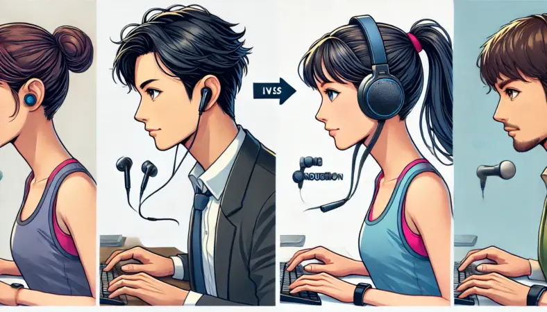 左側ではイヤーカフイヤホンを使いながら自宅のデスクで作業する日本人男性、右側では骨伝導ヘッドホンを着けて屋外でランニングする日本人女性が描かれ、両者の用途や装着スタイルの違いを視覚的に比較しているイラスト。