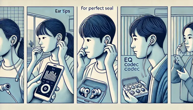 日本人の男女3人が異なるシーンでワイヤレスイヤホンの音質を調整しているイラスト。1人はイヤーピースを調整し密閉性を高め、1人はスマホでEQを設定し、もう1人はコーデックを切り替えている。シーンはトリプティック構成で繋がっており、音質の最適化工程を視覚的に表現している。