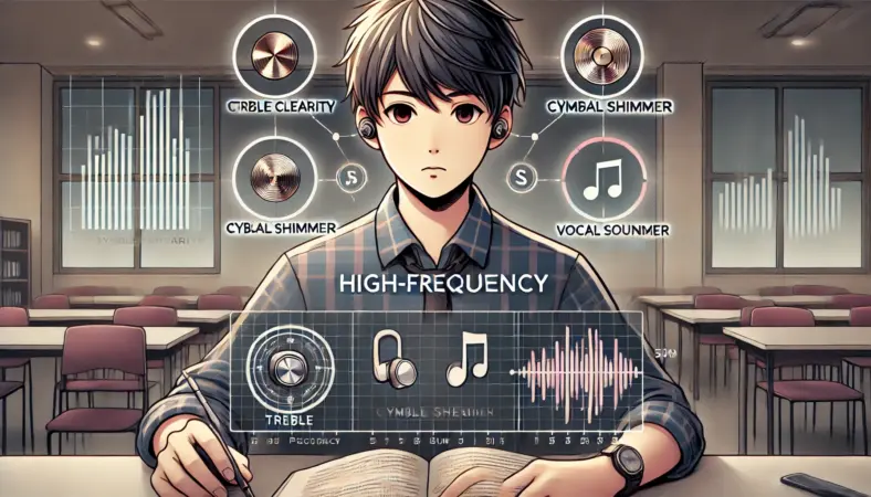 日本人男性が静かな部屋でワイヤレスイヤホンの高音域性能を確認しているイラスト。シンバルや音符、高周波の波形アイコンが浮かび、きらびやかで伸びのある高音を表現している。