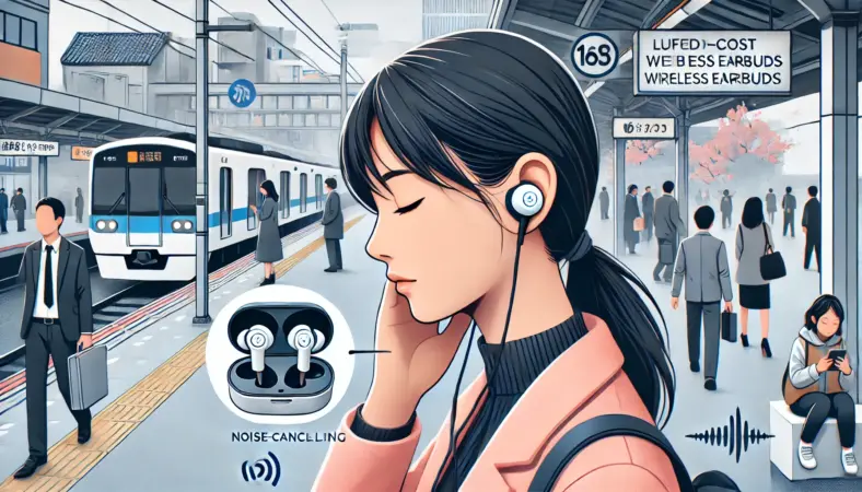日本人女性が騒がしい駅のホームで手頃な価格のワイヤレスイヤホンを装着し、音楽に没入しているイラスト。密閉性の高い装着とノイズキャンセリングの効果により、外の騒音に負けずに高音質を楽しんでいる様子が描かれている。