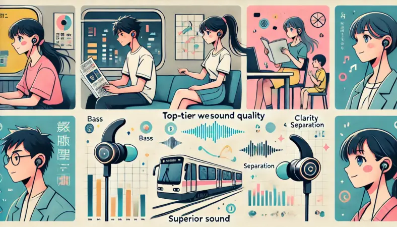 日本人たちが自宅や通勤電車、デスクワークなどのシーンで高音質ワイヤレスイヤホンを使用し、音楽を楽しんでいる様子を描いたイラスト。音符や音の波形、低音や解像感を示すアイコンが浮かんでいる。