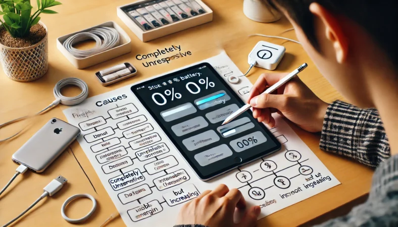 Apple Pencilの0%表示が改善されない原因をタイプ別に検証する日本人ユーザーが、iPadの画面と充電アクセサリを確認しながら問題切り分けを行っている様子。