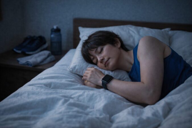 運動習慣がある日本人が睡眠中にスマートウォッチを装着して休息している様子（