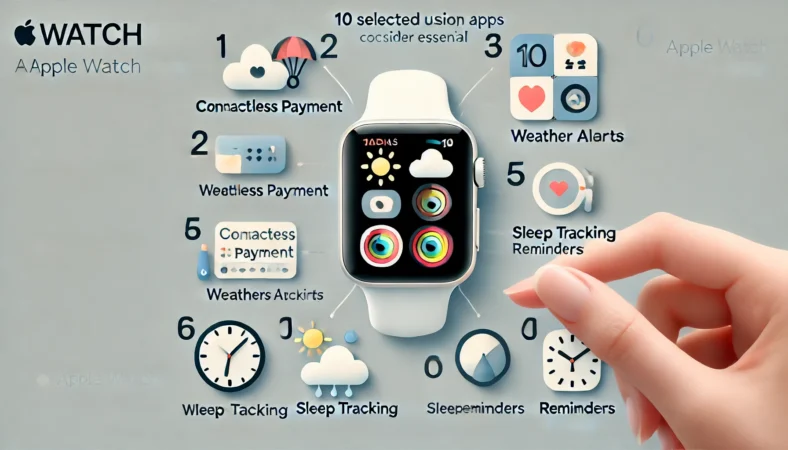 Apple Watchの主要アプリ10選の使用理由を象徴する、決済・天気・睡眠・タスク・運動などのアイコンを並べたシンプルで洗練されたインフォグラフィック風イメージ。日常利用の便利さと即時性を視覚的に伝える構成。