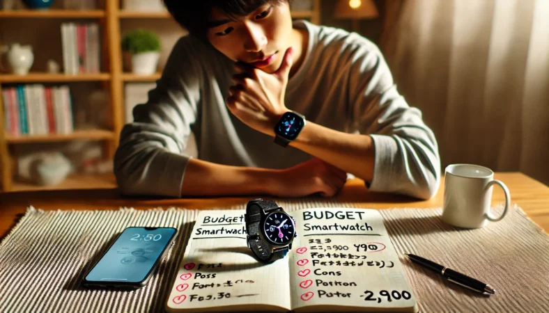 日本人がテーブル上に置かれたスマートウォッチとスマートフォンを比較しながら、ノートにメリットとデメリットをメモしている様子。2,900円前後の価格を検討する場面。