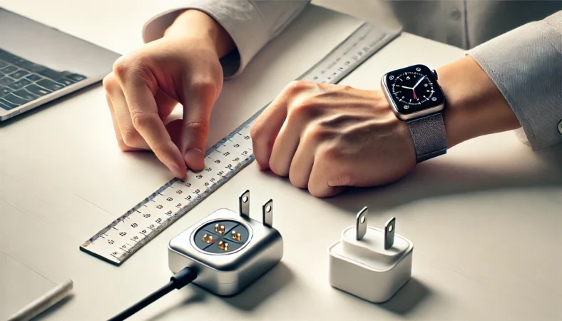 日本人がスマートウォッチ充電器の2ピン間を定規で中心から中心にかけて測定している様子。机の上で正確なサイズ確認をしている場面。