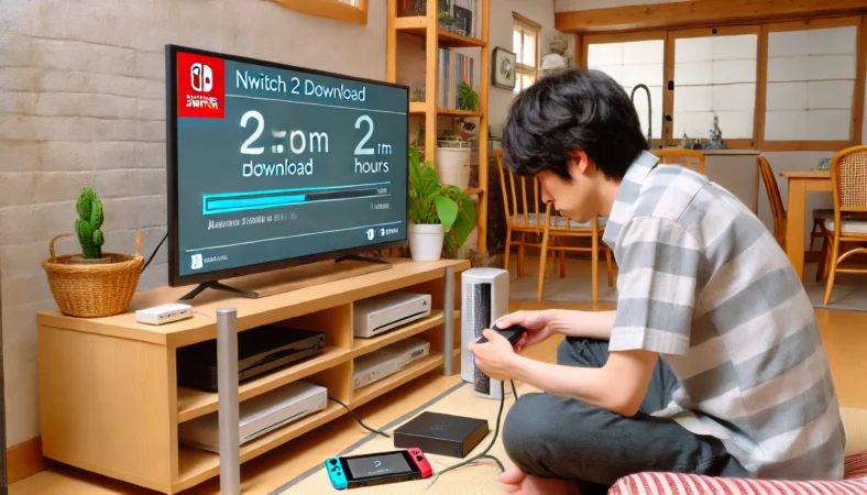 Switch2のダウンロードが2時間と表示され、Wi-Fi周波数の切り替えやルーター再起動などの対処を行う日本人ユーザーの自宅の様子