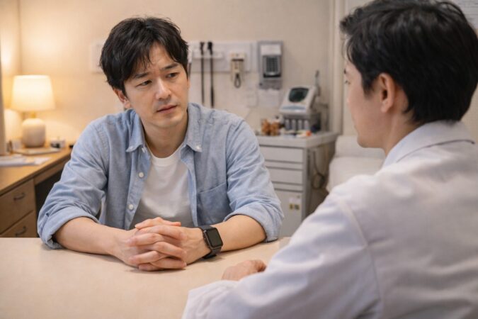 睡眠時心拍が極端に低いときの受診目安を想起させる、診察室で相談する日本人の様子