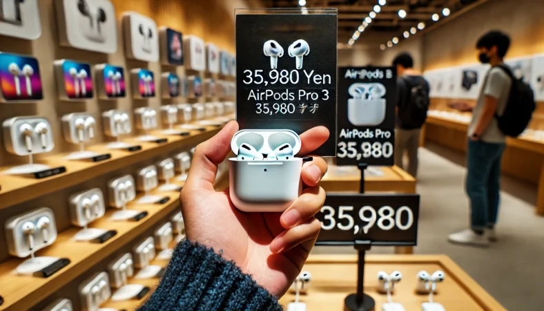 家電売り場で35,980円の価格札を手に取り、AirPods Pro 3の価格を確認する日本人の手元のアップ。