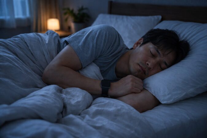 寝返りが多い夜などに心拍が低く見えやすい状況を示す、日本人の睡眠中のイメージ