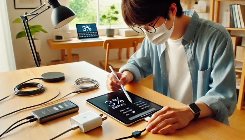 日本人ユーザーがApple Pencilの充電が3%で止まる問題を解決するため、USB-CケーブルとPD対応充電器を交換しながら検証している様子。明るい室内で、注意深く原因の切り分けを進めている場面。