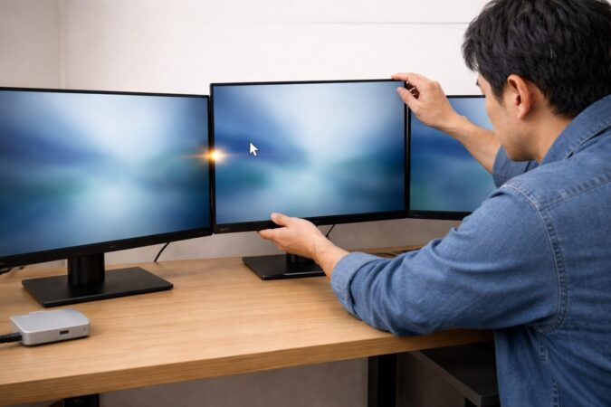 3画面構成で配置ズレにより境界の一部だけマウスが通れて引っかかる例