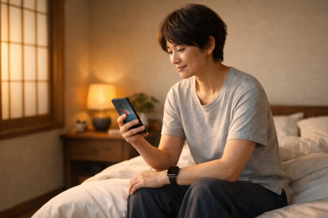 睡眠時心拍数が40台でも慌てず落ち着いて確認する日本人がスマートウォッチとスマホを見ている様子