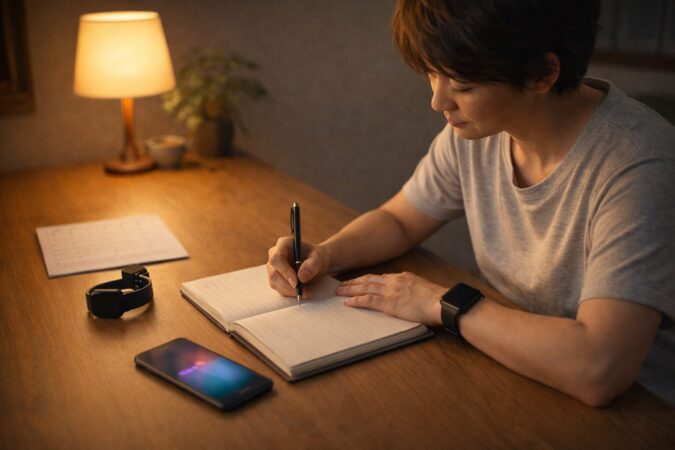 睡眠時心拍数が50以下の日が続くときに日付や体調をメモして整理する日本人の様子