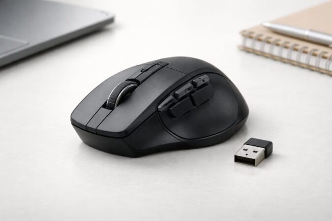 戻る進むが使える5ボタン無線マウスとUSBレシーバーを並べた、初心者向けおすすめイメージ