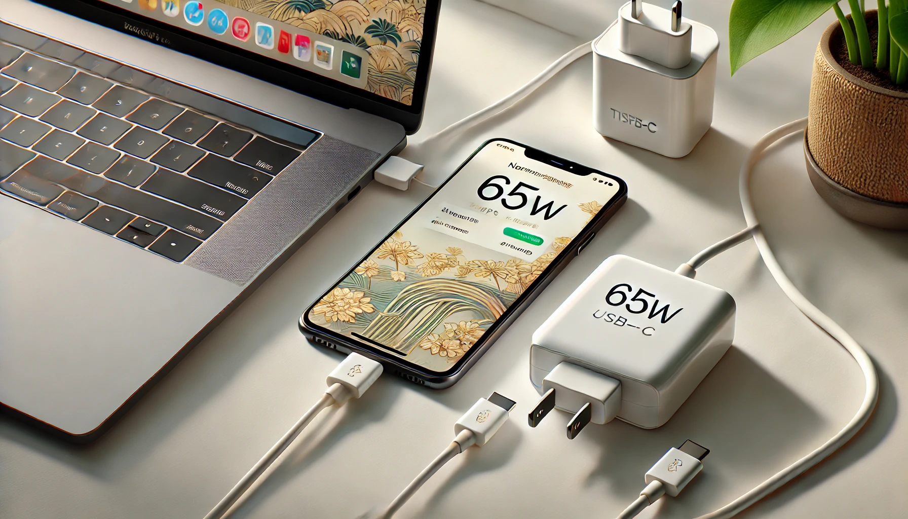 日本のデスク上で、スマートフォンとノートパソコンが65W USB-C充電器に安全に接続されている様子。明るく整った空間で、正常に充電されていることが分かる。