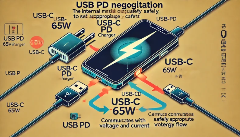スマートフォンと65W充電器が安全に通信し、電力条件を交渉する様子を示したビジュアル。エネルギーの流れを矢印と光で表現し、USB PDの安全な仕組みを視覚的に解説している。