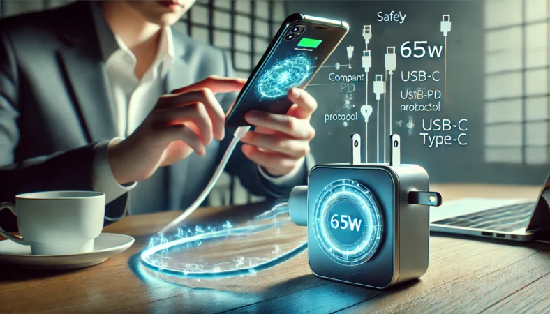 日本人ユーザーがスマートフォンを65WのType-C充電器に接続し、安全にUSB PD通信を行っている様子。光の矢印が電力の流れと交渉を視覚的に表し、安全な充電環境を演出している。