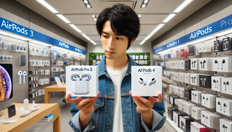 家電量販店でAirPods Pro 3とAirPods 4のパッケージを持ち、どちらを選ぶか迷っている日本人男性の様子。背景には明るく整った電子機器売り場が広がっている。