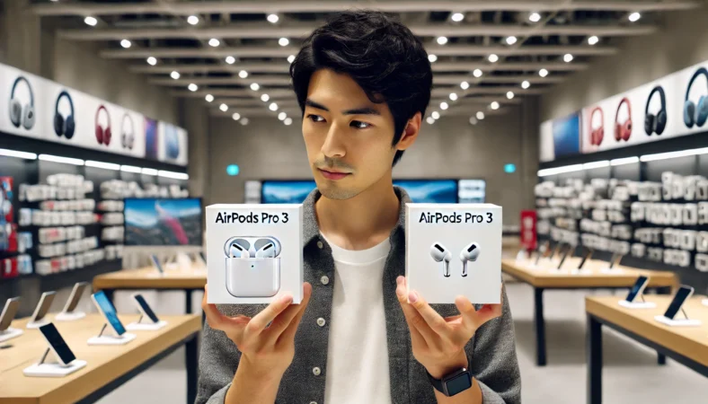 日本のコストコと家電量販店でAirPods Pro 3を比較する様子。アジア人の客が商品を見比べている店内の風景。