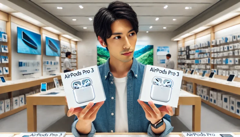 日本の家電量販店でAirPods Proを安く購入できる理由を示すシーン。男性が複数の製品を見比べている。