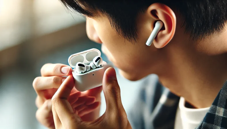 日本人のユーザーがAirPods Proの片方を丁寧に点検し、メッシュとマイク周りを確認しながらイヤーピースの装着具合を調整している様子。静かな室内での対処場面。