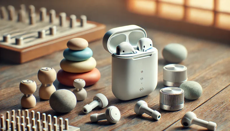 AirPodsの音を好みに寄せる最終調整のイメージ（ワイヤレスイヤホンと抽象的な調整アイテムで音の好みを表現）
