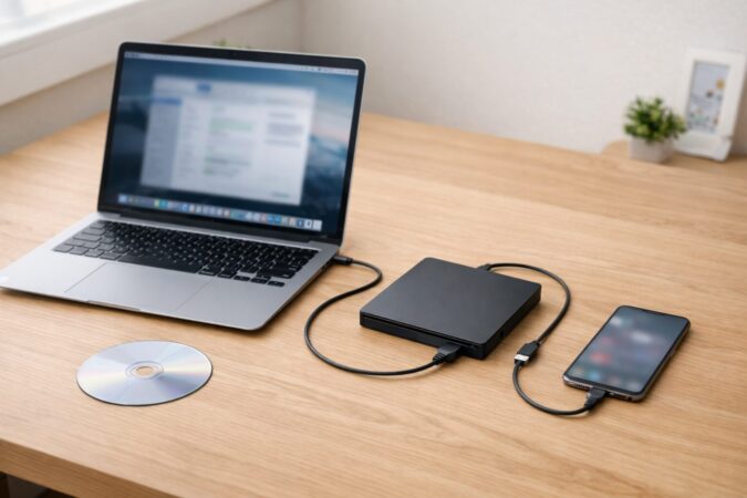 MacBook AirでCDを取り込んだ後、ケーブル接続でiPhoneへ音楽を転送する流れをイメージできる作業風景