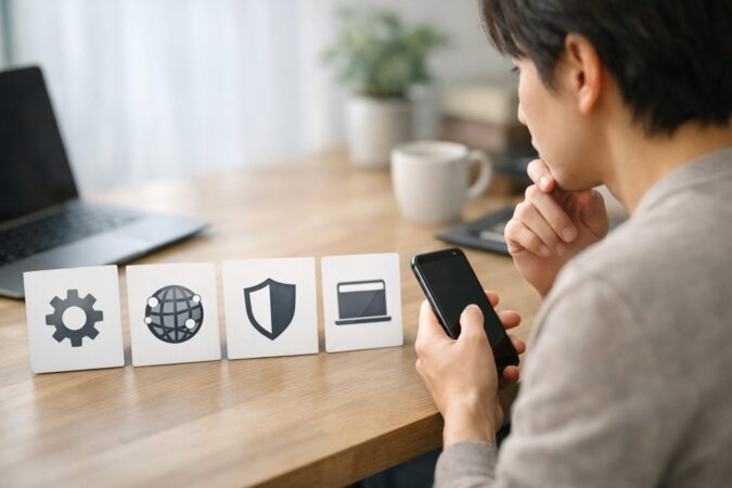 Androidで広告対策の方法（設定・プライベートDNS・アプリ型・別ブラウザ・Chromebook）を比較して選ぶ日本人ユーザーのイメージ