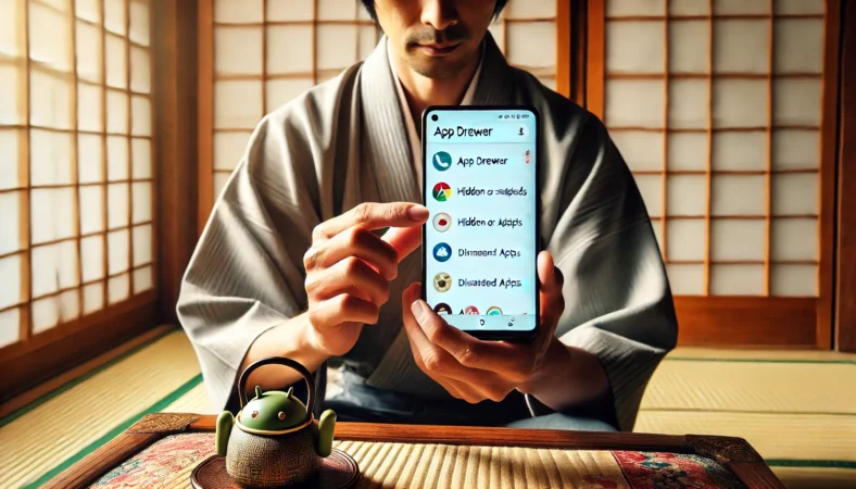 和室でAndroidスマートフォンのアプリドロワーを開き、非表示または無効化されたアプリを確認している日本人男性の様子。 tatamiと障子が特徴的な室内。スマホ画面には複数のアプリアイコンが表示されている。