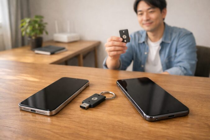 iPhoneとAndroidを並べ、同じ物理セキュリティキーで認証を共通化できる様子