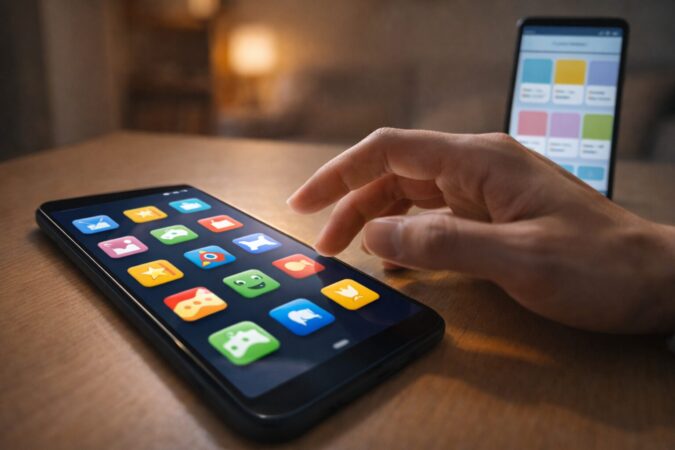 Androidで知らないゲームアプリが増える状況を示すスマホ画面と誤タップのイメージ