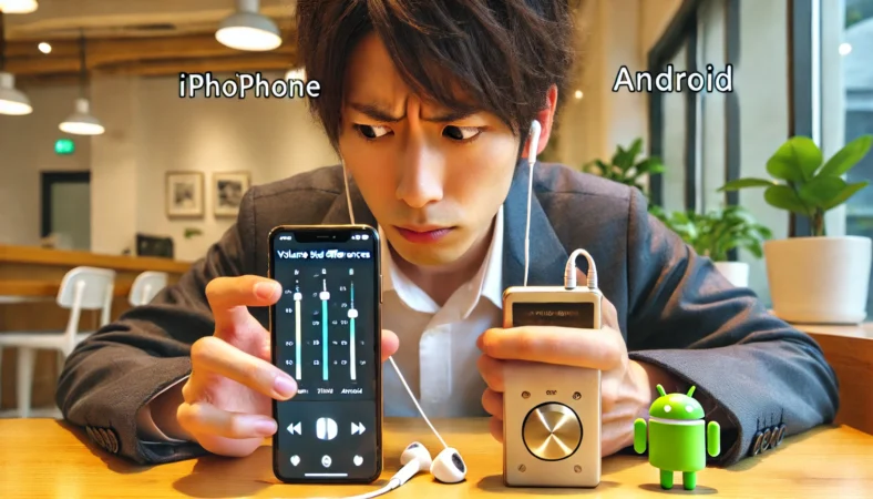 iPhoneとAndroidの音量ステップの違いを比較しながら悩んでいる日本人。テーブル上には両スマートフォンとイヤホンが置かれ、設定画面を見ている様子が描かれている。