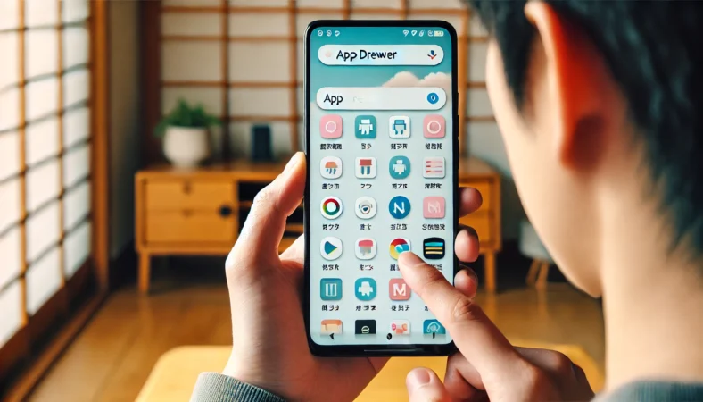 日本人の男性が和室でAndroidスマートフォンのアプリドロワーを開き、非表示または無効化されたアプリを確認・復元しようとしている場面。スマートフォン画面にはアプリのアイコンが並んでいる。